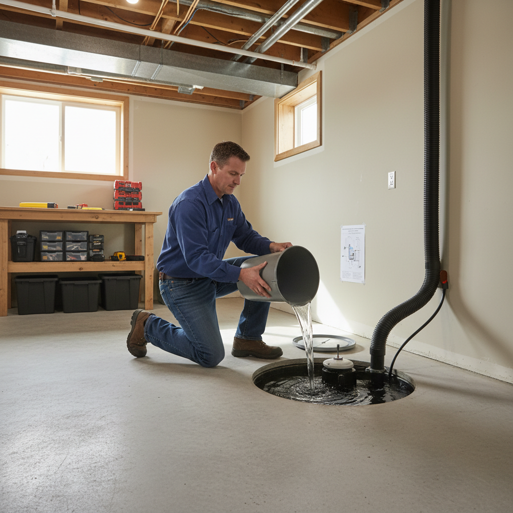 Homeowner pouring water into a sump pit to test a sump pump before the rainy season