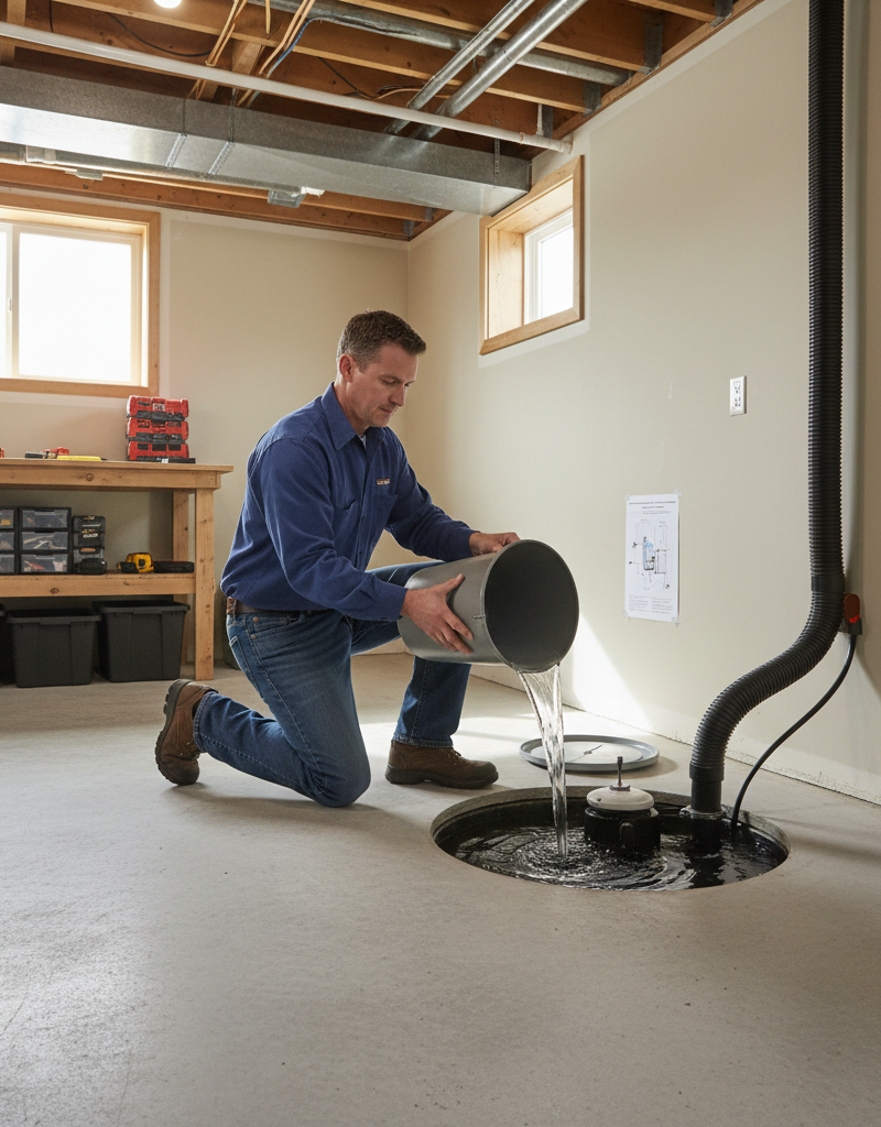 Homeowner pouring water into a sump pit to test a sump pump before the rainy season