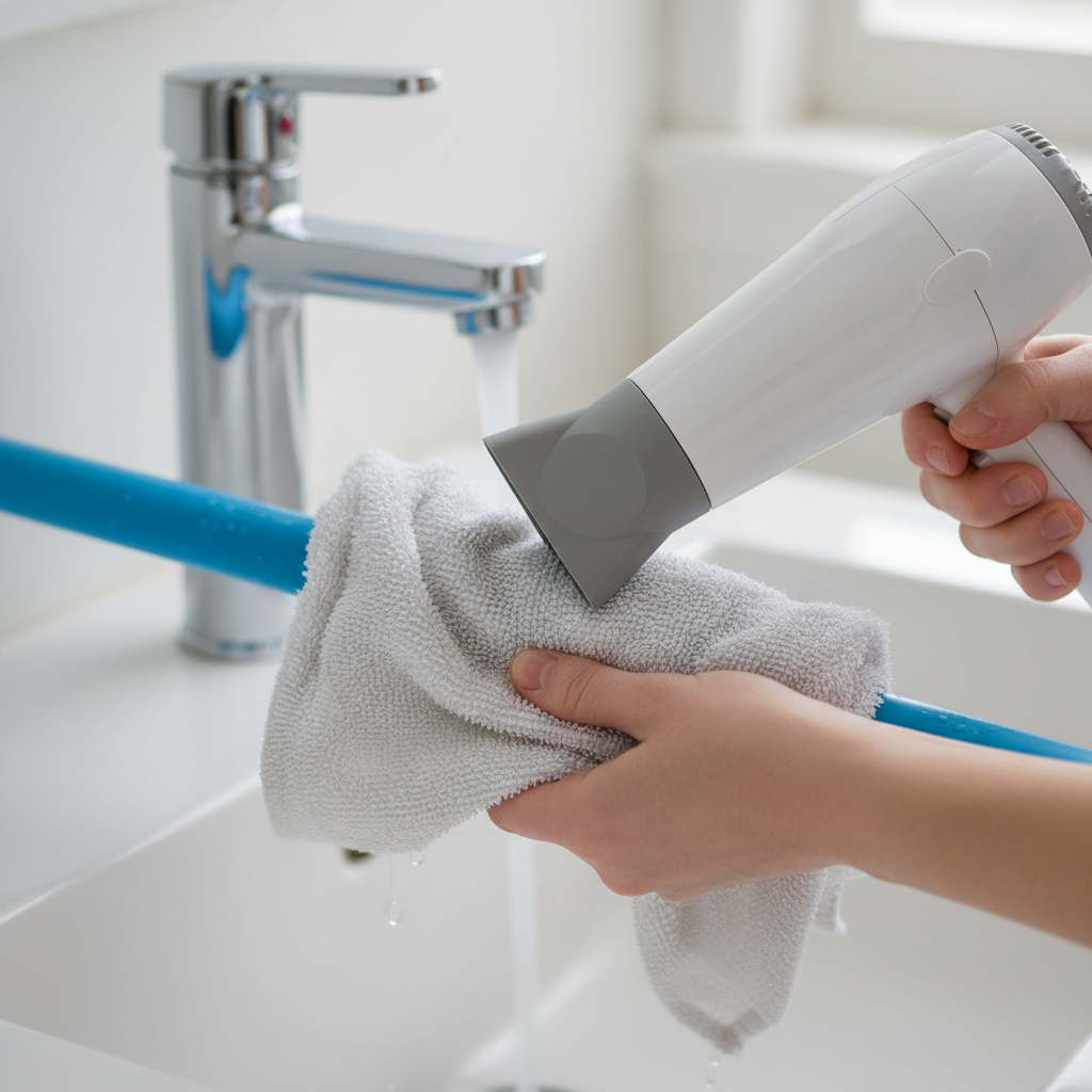 Homeowner safely thawing a frozen PVC pipe with a hairdryer and warm towel, faucet dripping in background