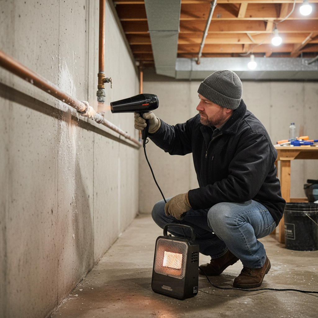 Homeowner safely thawing a frozen basement pipe with a hairdryer