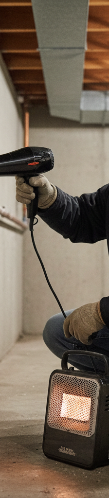 Homeowner safely thawing a frozen basement pipe with a hairdryer