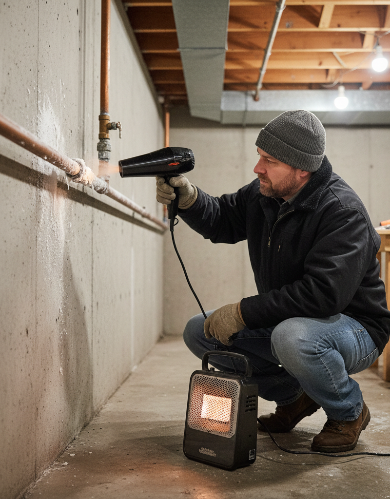 Homeowner safely thawing a frozen basement pipe with a hairdryer