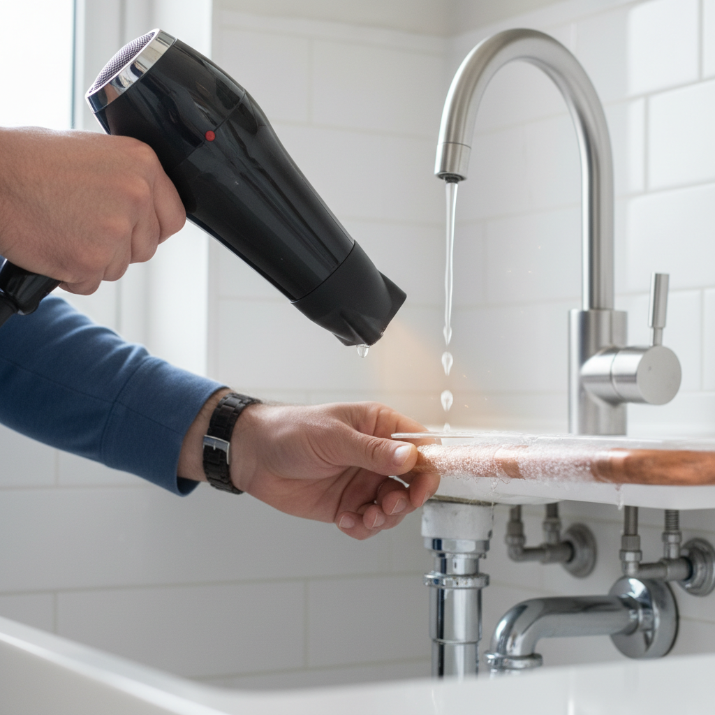 Homeowner safely thawing a frozen copper pipe under a kitchen sink with a hairdryer.