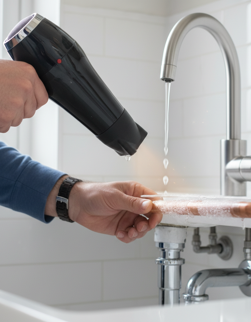 Homeowner safely thawing a frozen copper pipe under a kitchen sink with a hairdryer.