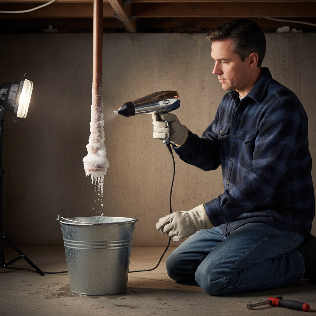 Homeowner safely thawing a frozen copper pipe with a hairdryer in a basement.