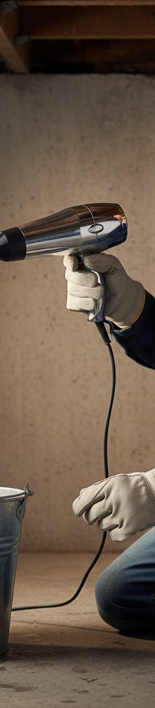 Homeowner safely thawing a frozen copper pipe with a hairdryer in a basement.