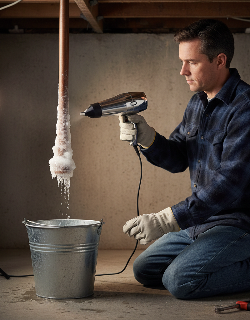 Homeowner safely thawing a frozen copper pipe with a hairdryer in a basement.