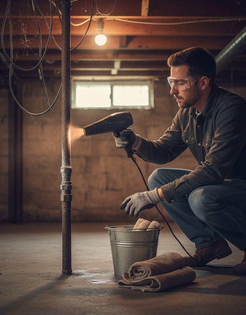 Homeowner safely thawing a frozen basement pipe with a hairdryer