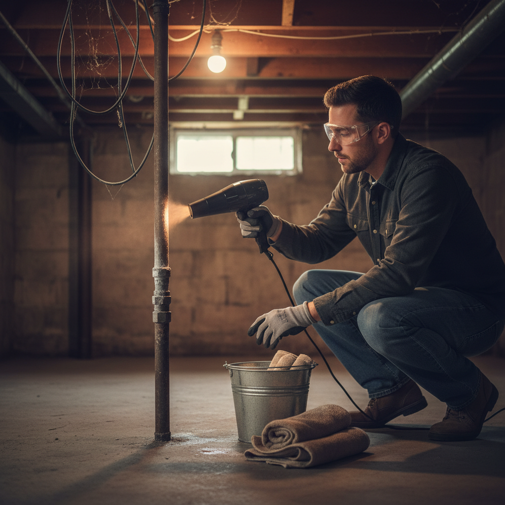 Homeowner safely thawing a frozen basement pipe with a hairdryer