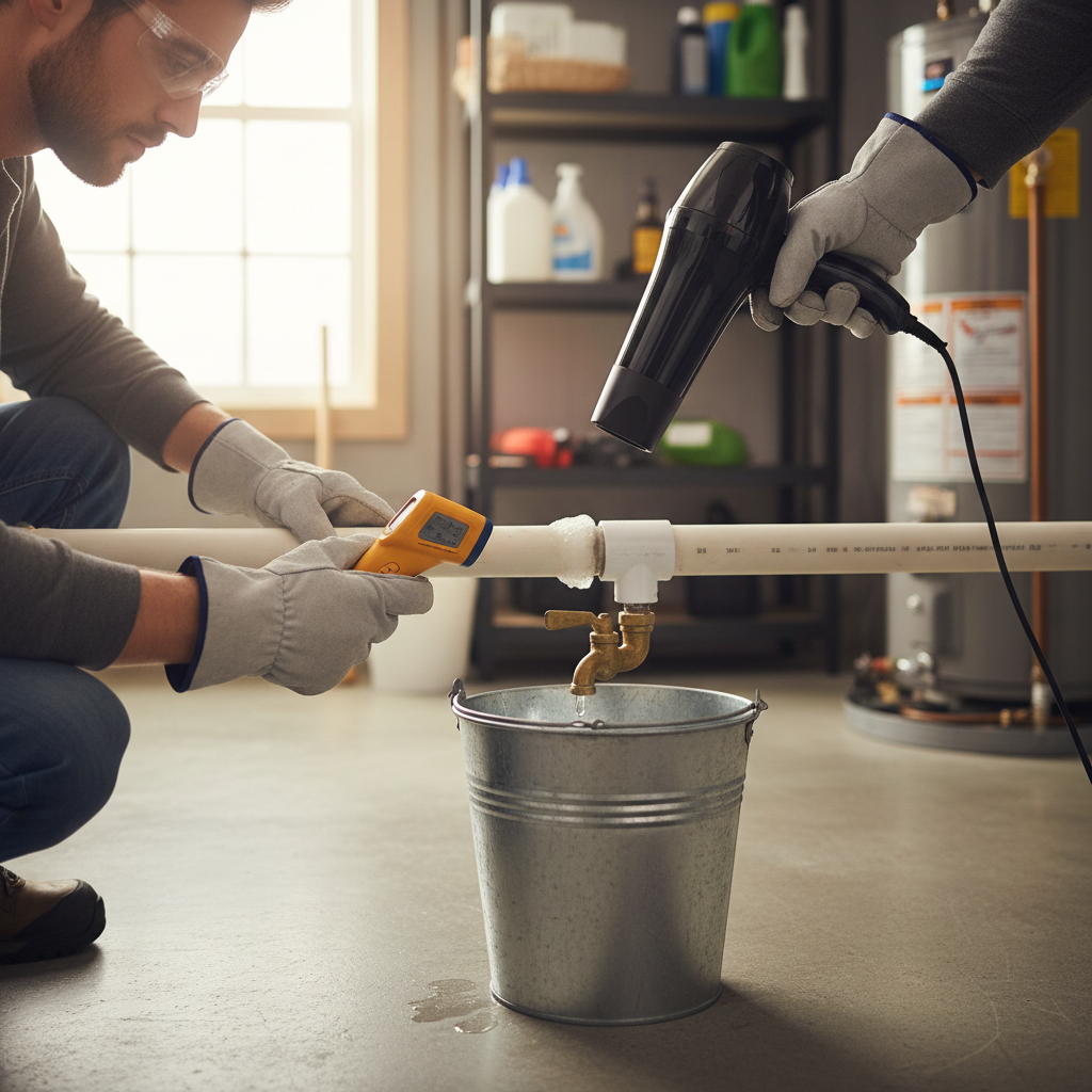 Homeowner carefully thawing a frozen PVC pipe with a hairdryer