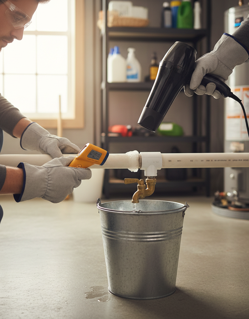 Homeowner carefully thawing a frozen PVC pipe with a hairdryer