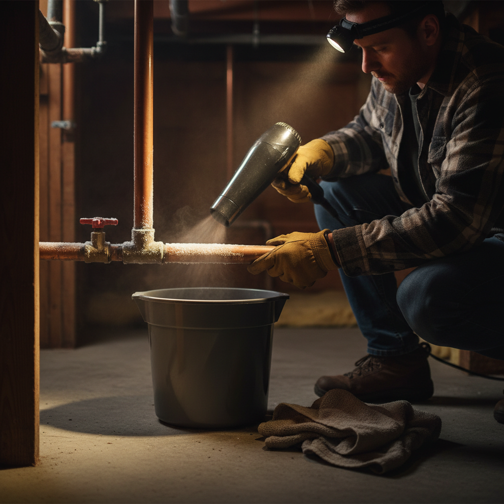 Homeowner safely thawing a frozen copper pipe with a hairdryer in a dim basement, preventing a burst.