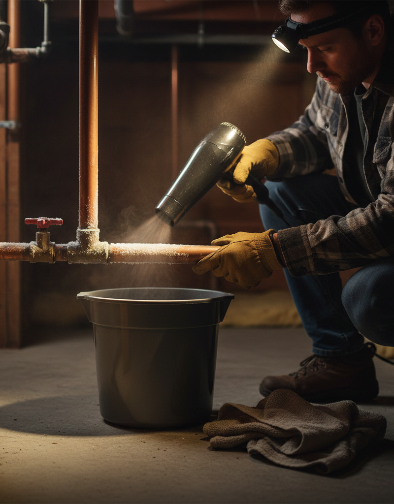 Homeowner safely thawing a frozen copper pipe with a hairdryer in a dim basement, preventing a burst.