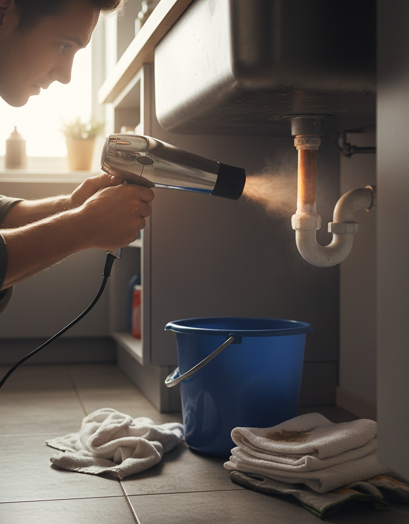 Homeowner using a hairdryer to slowly thaw a frozen copper pipe under a kitchen sink, with a bucket ready for drips.
