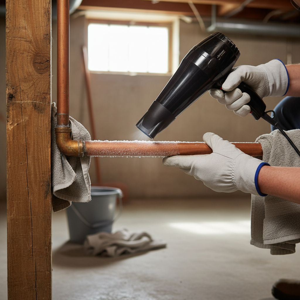 Homeowner safely thawing a frozen pipe with a hairdryer
