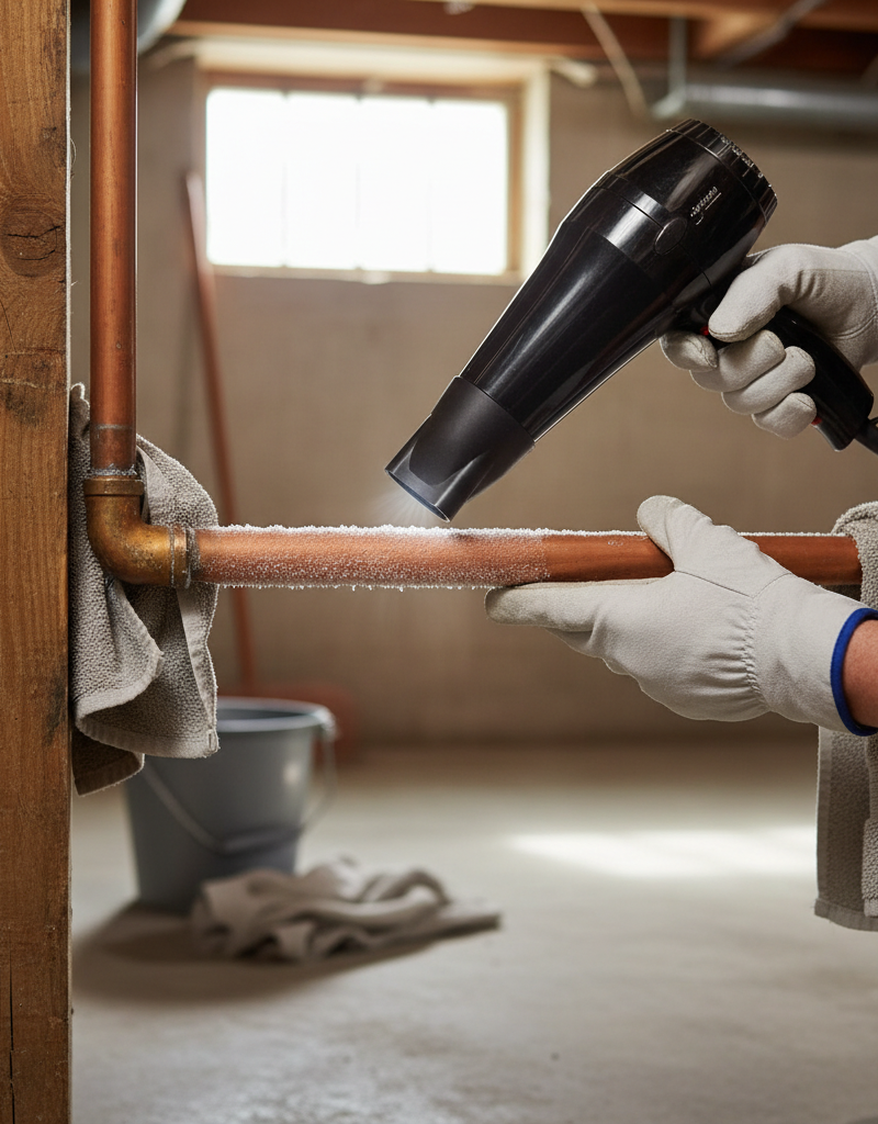 Homeowner safely thawing a frozen pipe with a hairdryer