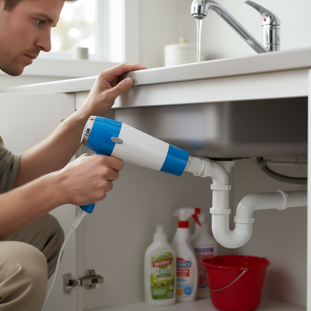 Homeowner carefully thawing a frozen PVC pipe under a sink with a hairdryer, water trickling from faucet.