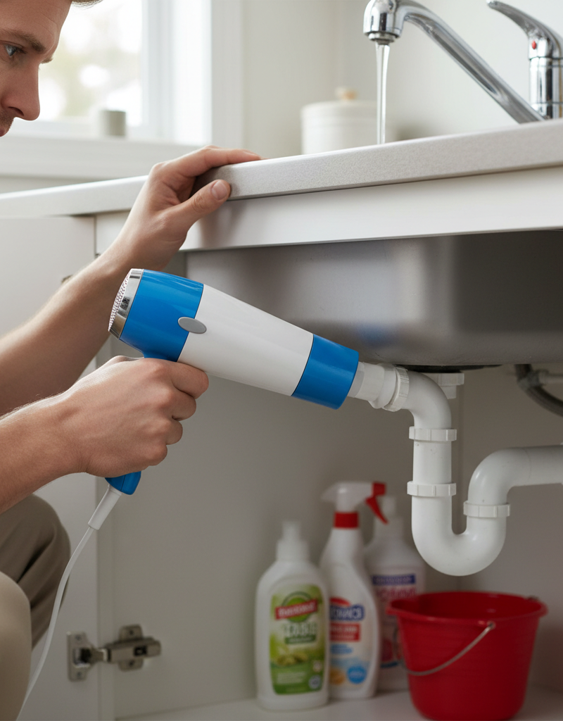 Homeowner carefully thawing a frozen PVC pipe under a sink with a hairdryer, water trickling from faucet.