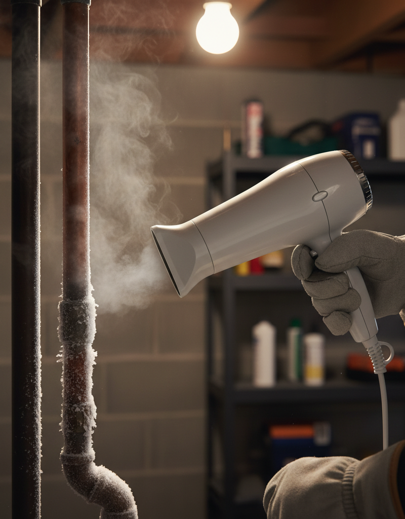 Homeowner using a hairdryer to safely thaw a frozen copper pipe in a basement