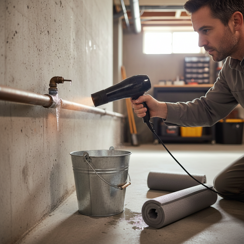 Homeowner safely thawing a frozen basement pipe with a hairdryer