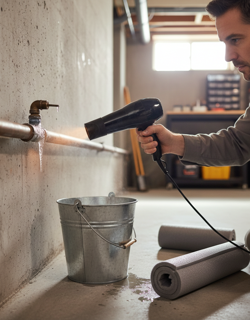 Homeowner safely thawing a frozen basement pipe with a hairdryer