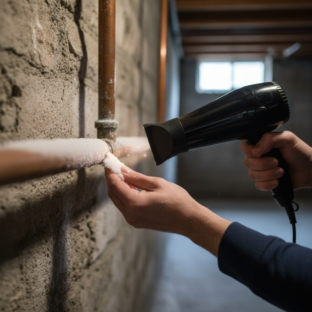 Homeowner safely thawing a frozen copper pipe with a hairdryer in a basement.