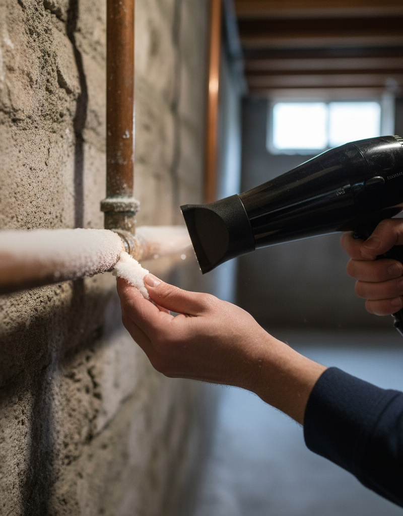 Homeowner safely thawing a frozen copper pipe with a hairdryer in a basement.