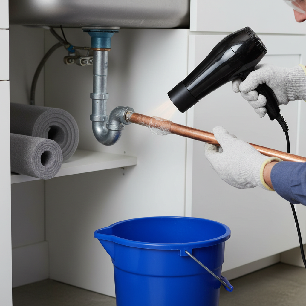 Homeowner safely thawing a frozen pipe with a hairdryer
