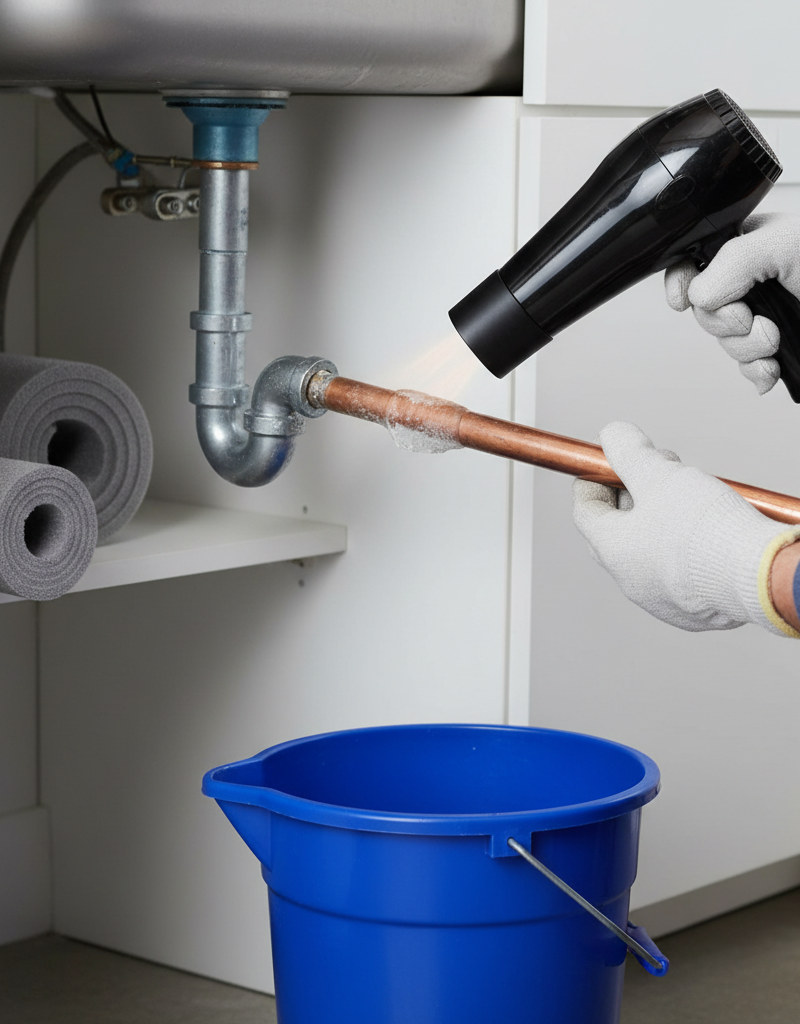 Homeowner safely thawing a frozen pipe with a hairdryer