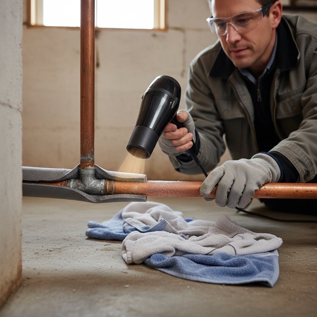 Homeowner safely thawing a frozen copper pipe with a hairdryer