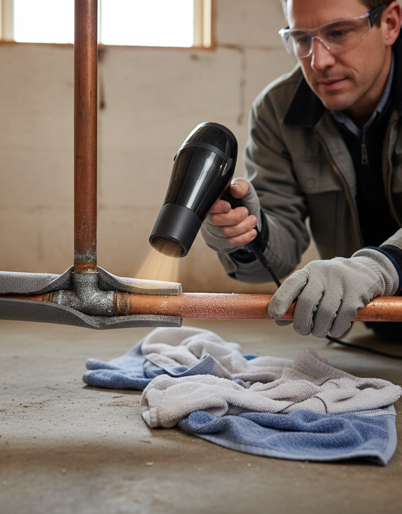 Homeowner safely thawing a frozen copper pipe with a hairdryer