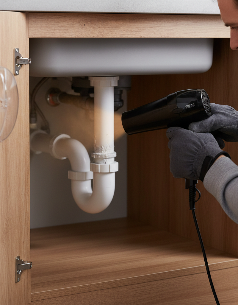 A homeowner safely thawing a frozen PVC pipe under a kitchen sink with a hairdryer.