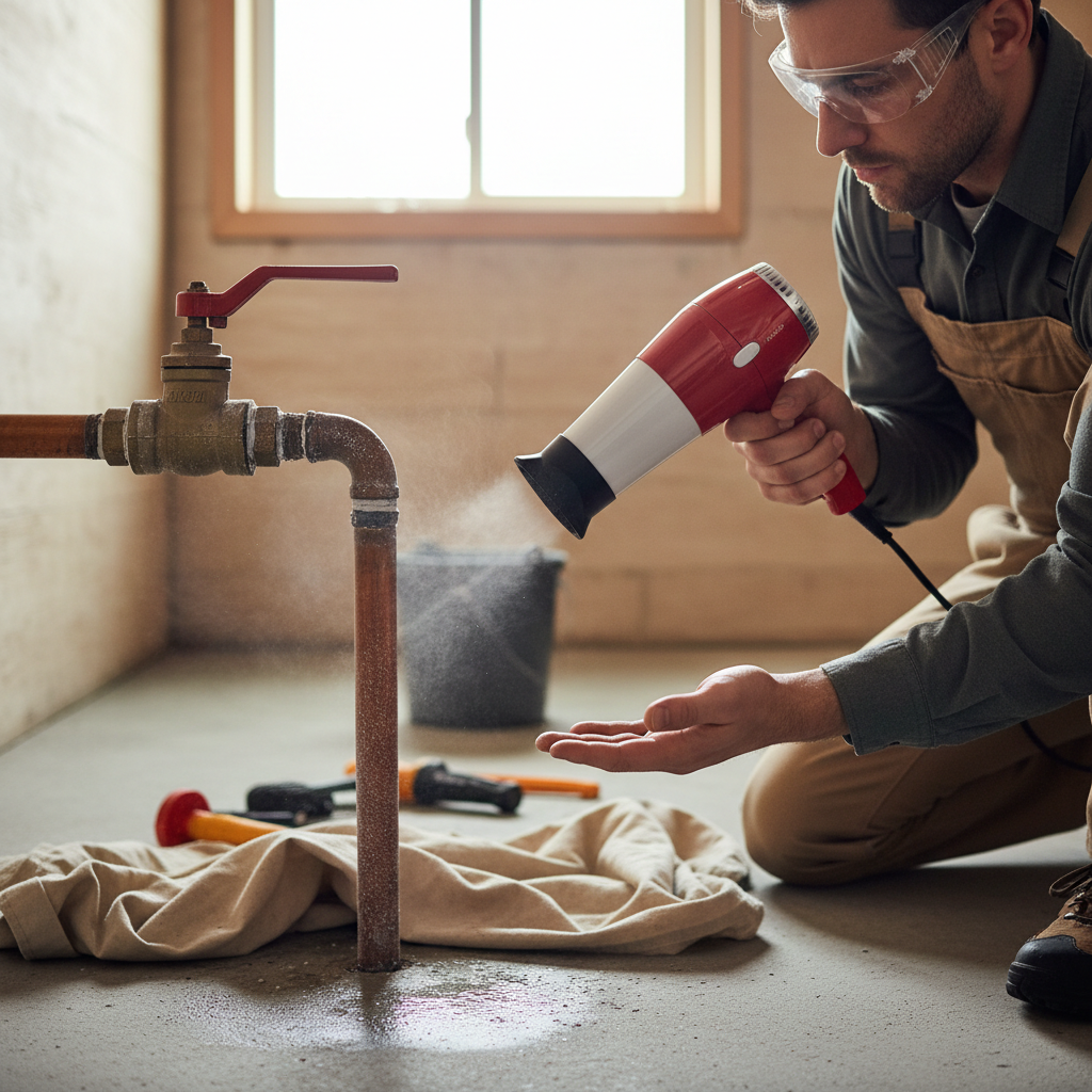 Homeowner safely thawing a frozen copper pipe with a hairdryer in a basement.