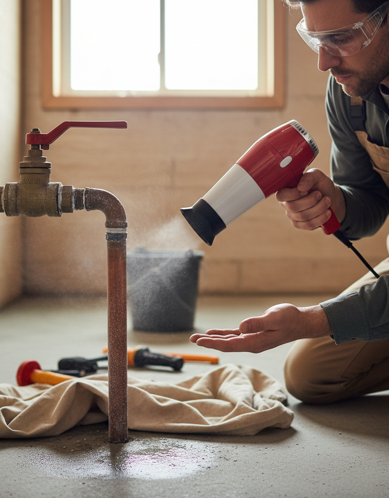 Homeowner safely thawing a frozen copper pipe with a hairdryer in a basement.