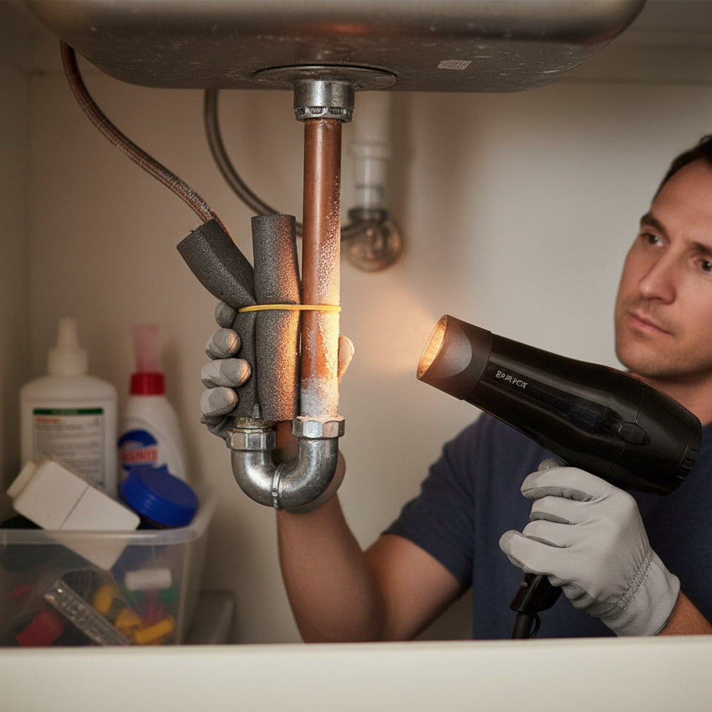 Homeowner using a hairdryer to safely thaw a frozen copper pipe under a kitchen sink