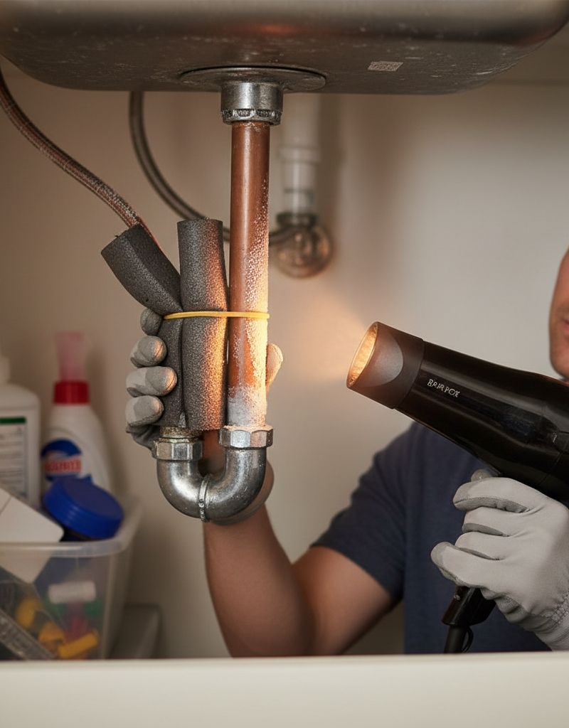 Homeowner using a hairdryer to safely thaw a frozen copper pipe under a kitchen sink