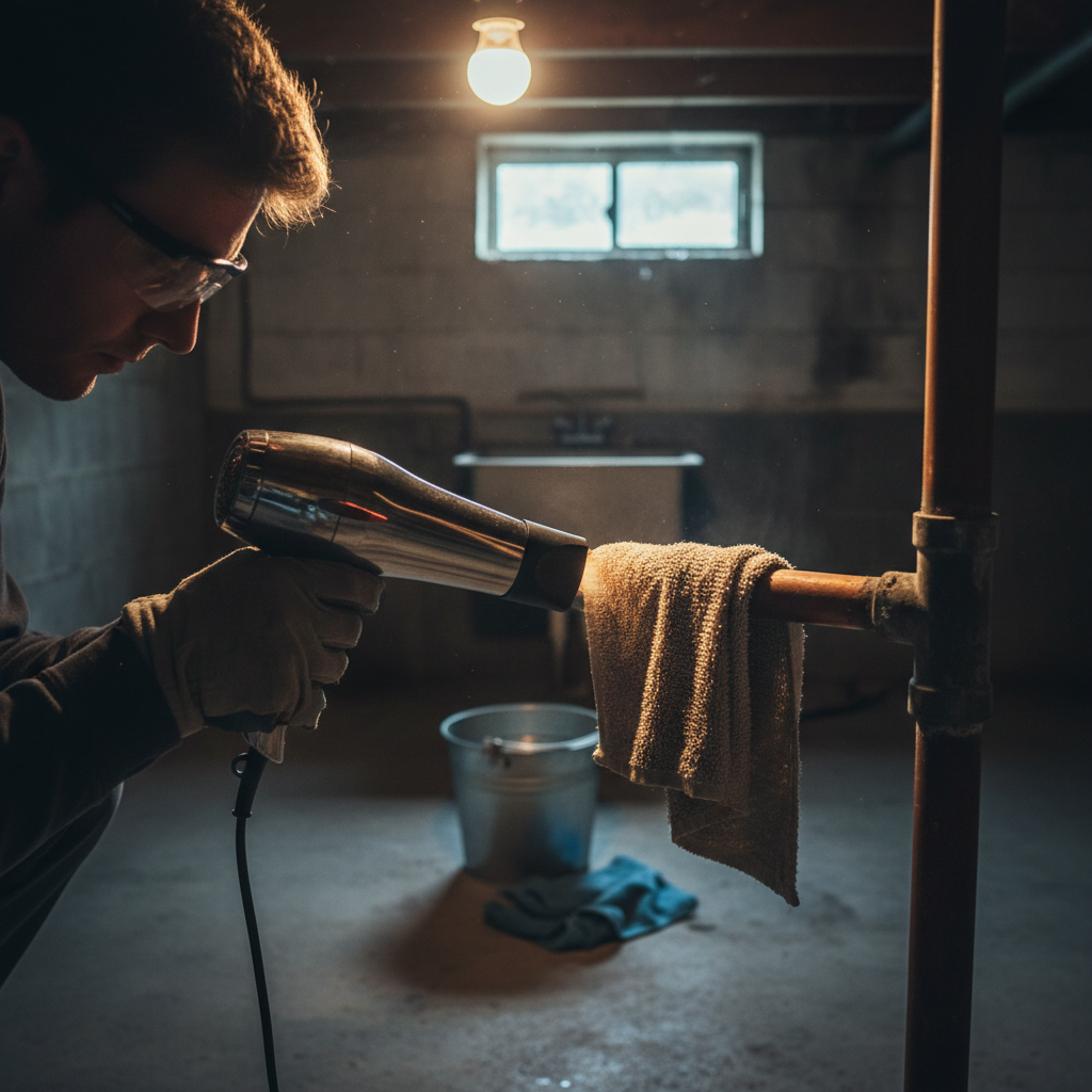Homeowner safely thawing a frozen copper pipe with a hairdryer in a basement.