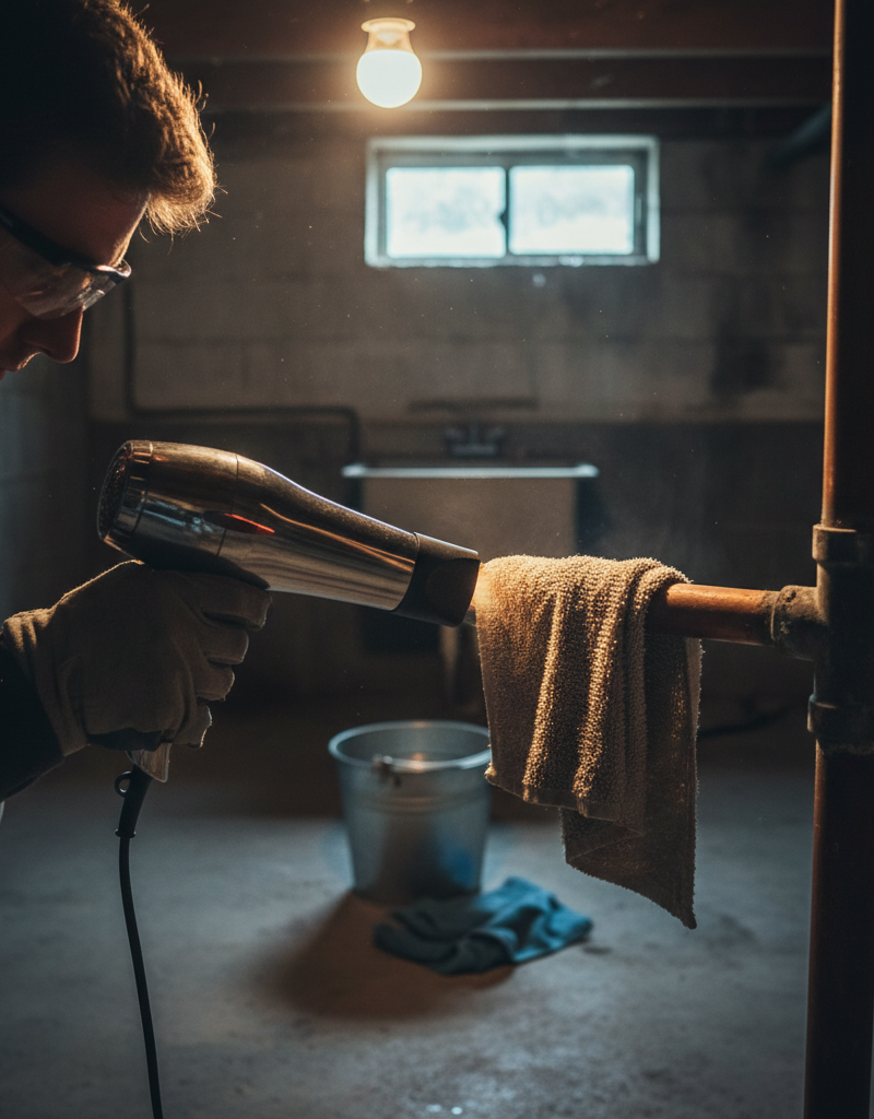 Homeowner safely thawing a frozen copper pipe with a hairdryer in a basement.