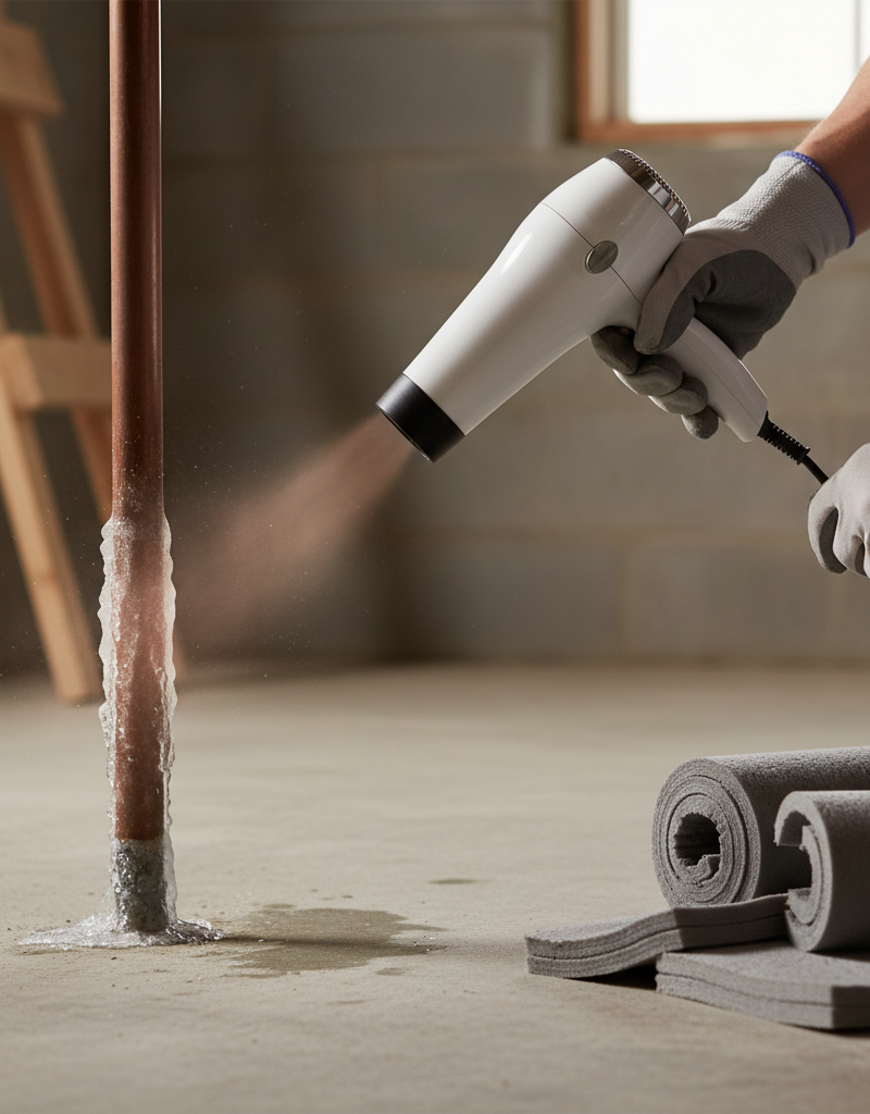 Homeowner thawing a frozen pipe with a hairdryer in a basement.