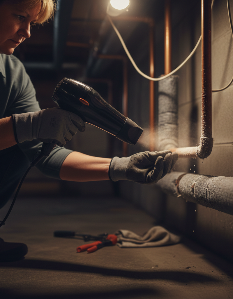 Homeowner safely thawing a frozen copper pipe in a basement with a hairdryer.