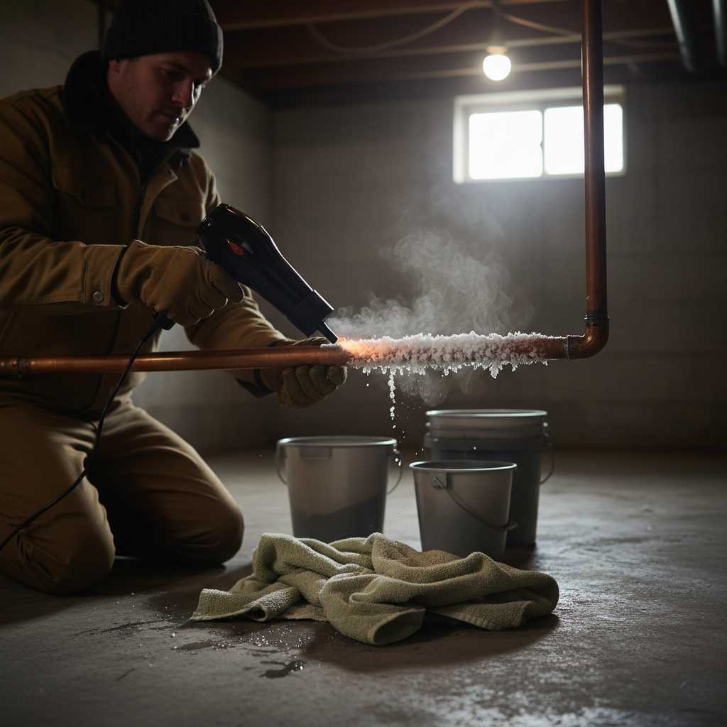 Homeowner thawing a frozen copper pipe with a hairdryer in a basement.