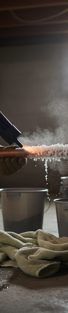 Homeowner thawing a frozen copper pipe with a hairdryer in a basement.