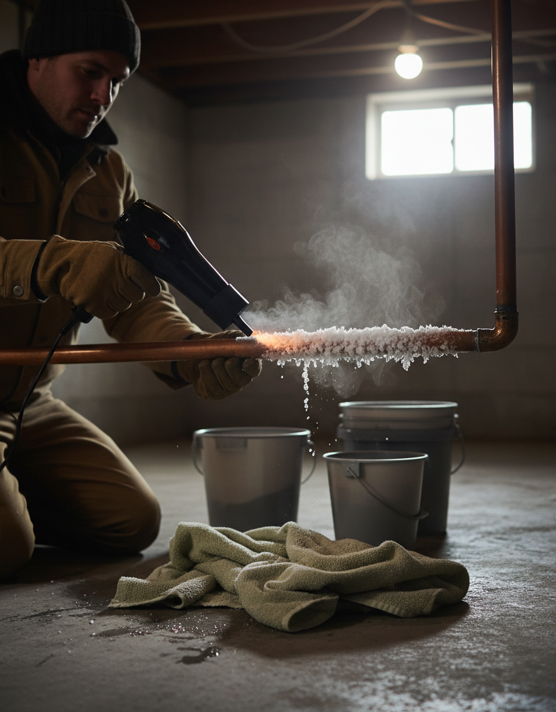 Homeowner thawing a frozen copper pipe with a hairdryer in a basement.