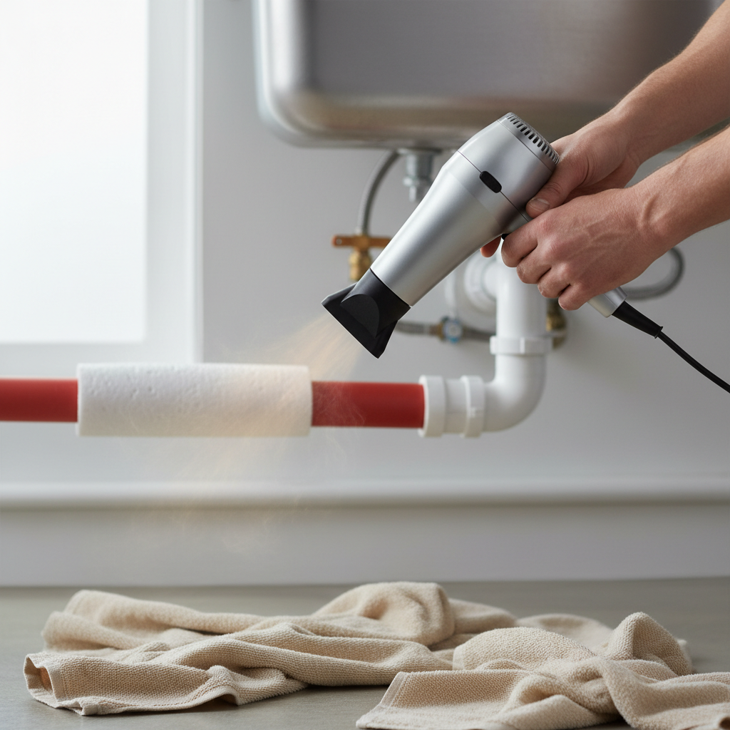 Homeowner safely thawing a frozen PEX water pipe under a sink with a hairdryer.