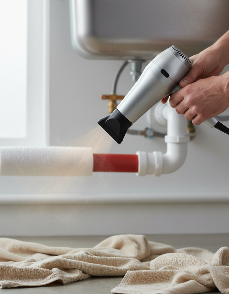 Homeowner safely thawing a frozen PEX water pipe under a sink with a hairdryer.