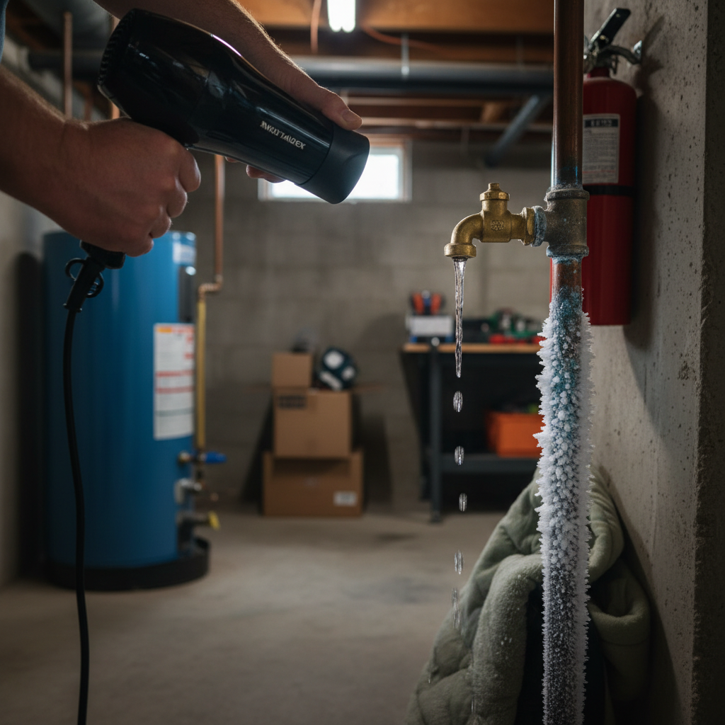 Homeowner safely thawing a frozen copper water pipe in a basement with a hairdryer, a trickle of water coming from the faucet.