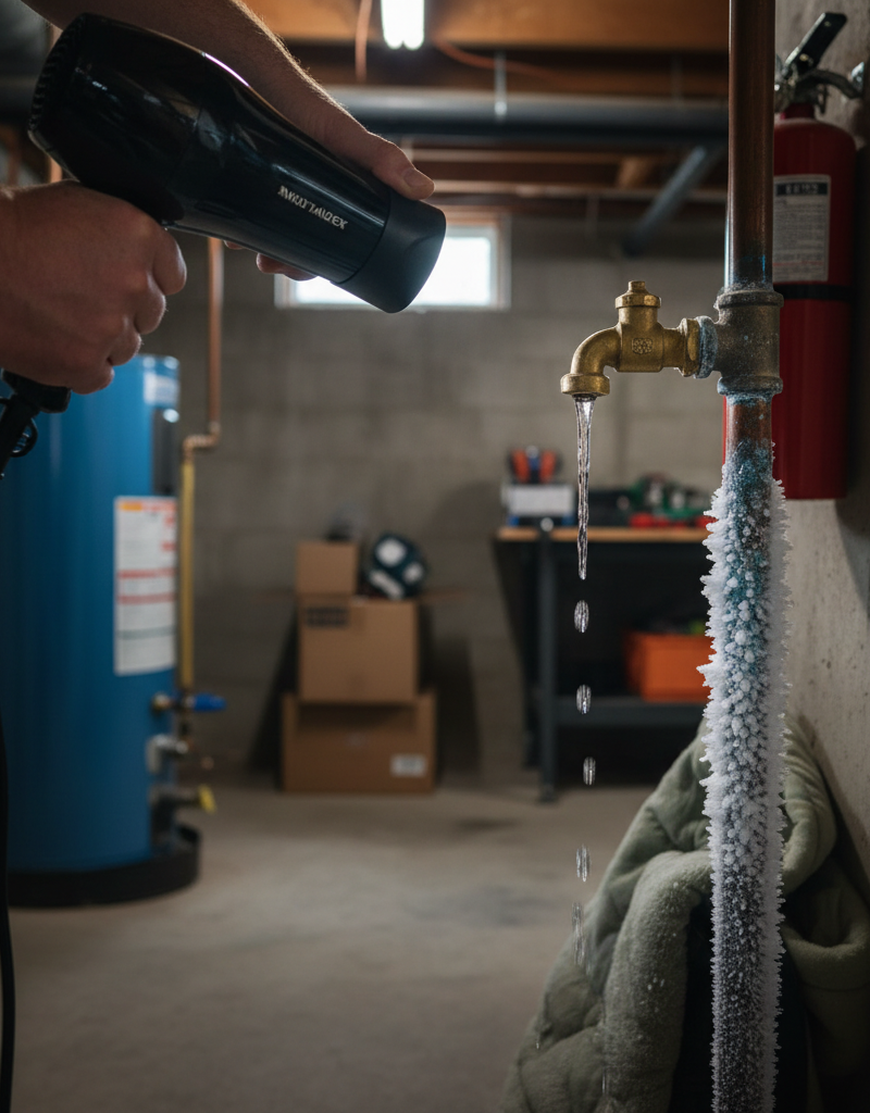 Homeowner safely thawing a frozen copper water pipe in a basement with a hairdryer, a trickle of water coming from the faucet.