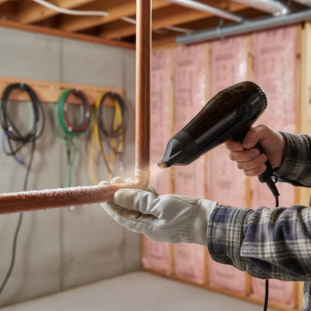 Homeowner safely thawing a frozen copper pipe with a hairdryer