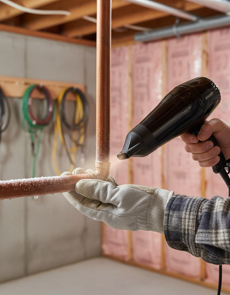 Homeowner safely thawing a frozen copper pipe with a hairdryer