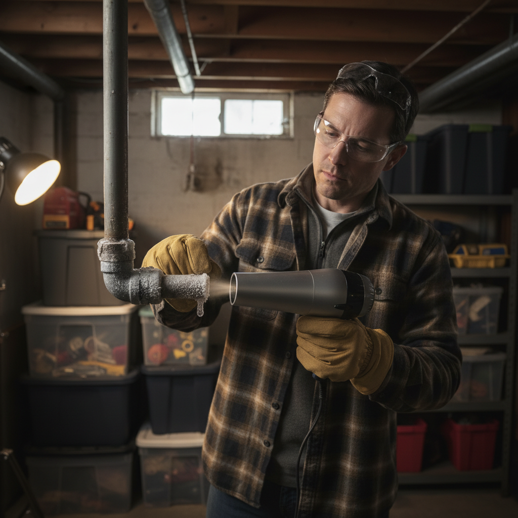 Homeowner carefully thawing a frozen pipe with a hairdryer in a basement.
